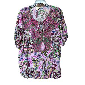 Savanna Jane Top Womens 2X Pink Blue Boho Embroidered Tunic Popover Western